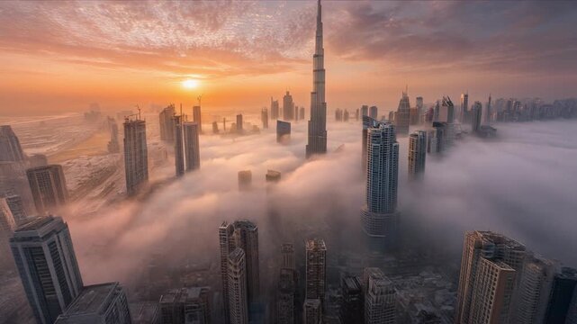Breathtaking skyline view of a city at sunrise with skyscrapers emerging from fog - Powered by Adobe