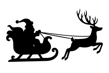 Santa Claus on a sleigh with reindeer, flying, illustration in black silhouette, on a white background.