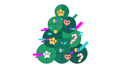 Festive Christmas Tree Design: A vibrant and modern representation of a Christmas tree adorned with cheerful ornaments, stars, hearts, and candy canes, exuding holiday cheer.