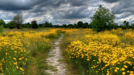 Vast blooming landscape featuring bright yellow wildflowers surrounding a winding path beneath dramatic clouds in peaceful natural summer scenery on white background