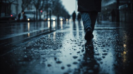 Moody urban scene showing a person walking through reflective wet streets at dusk with dramatic rain atmosphere and cinematic depth on white background