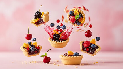 Levitating mini tarts with a vibrant splash of mixed berries.