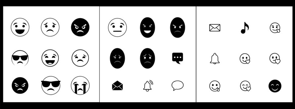 Variety of abstract face icons in black and white on a grid