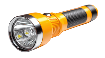 Bright yellow handheld flashlight with metallic accents featuring LED bulbs, durable construction, portable lighting tool suitable for emergencies, camping, and everyday use on white background