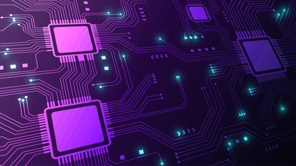 Abstract Purple Circuit Board Background With Glowing Microchips And Digital Lines Vector
