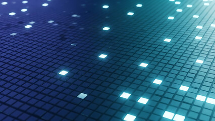 Futuristic digital technology background with glowing blue pixels forming a complex network grid structure