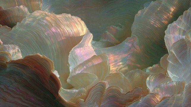 Abstract iridescent mother of pearl background with wavy layered texture and pastel