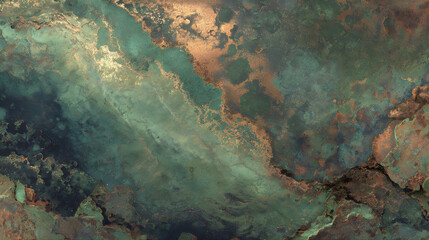 Abstract oxidized copper texture background with green teal patina, bronze rust, and alcohol ink effect