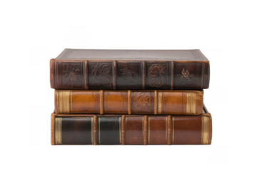 Stack of three antique leather bound books with embossed floral designs and gold accents isolated on a transparent background