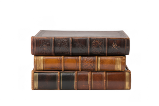 Stack of three antique leather bound books with embossed floral designs and gold accents isolated on a transparent background
