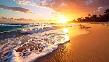 Golden Hour Serenity - Waves Embrace the Shore at Sunset.