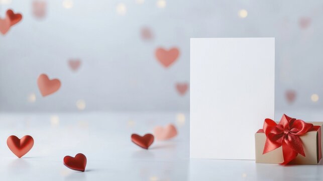 Valentine’s greeting card with red hearts gift box and bokeh lights on white romantic background