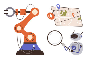 Robot arm, AI robot holding magnifying glass analyzing map with location markers and alert icon. Ideal for technology, robotics, automation, navigation, artificial intelligence, innovation, research