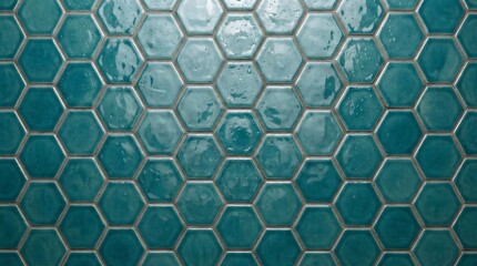 Obraz premium Teal blue hexagonal ceramic tiles with copper grout lines creating a honeycomb pattern suitable for modern interior design mockups and bathroom wall textures.