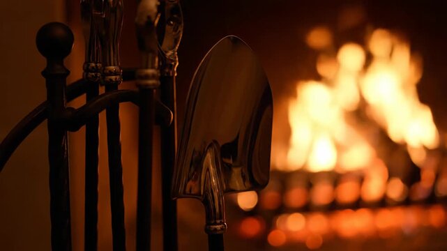 Fireplace tools sit near the crackling flames of a warm fire.
