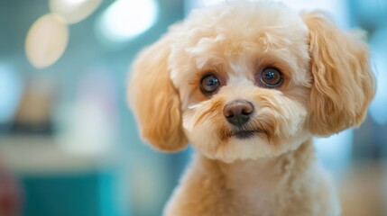 Cute fluffy maltipoo dog with big eyes after grooming haircut sitting indoors with soft background