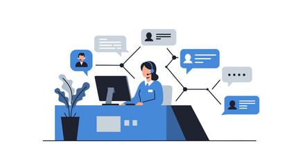 Customer Service Representative Working at Desk with Headset.