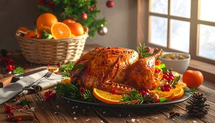 Festive Christmas Turkey Dinner with Orange Garnish.
