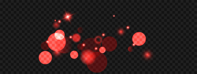 Glowing red bokeh circles float on dark background, creating dreamy light effects with sparkles and luminous particles for artistic holiday decorations and warm atmospheric overlays.