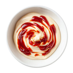 Mayonaise, Bechamel, Soy sauce, ketchup on white bowl, top view with transparent isolated on with white background(4)