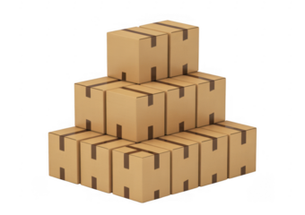 Stacked cardboard boxes with brown tape arranged in a pyramid shape isolated on a transparent background
