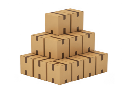 Stacked cardboard boxes with brown tape arranged in a pyramid shape isolated on a transparent background - Powered by Adobe