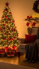 A warm, inviting Christmas living room scene. A brightly lit Christmas tree adorned with red and green ornaments stands in the corner, surrounded by perfectly wrapped gifts. A cozy, plush armchair wit