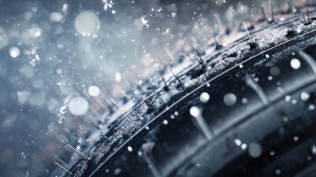 macro view of studded tire interacting with ice surface, small ice particles in air, high precision clean technical style