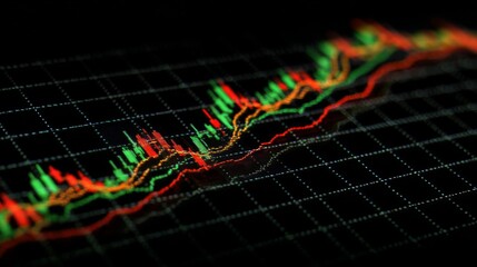 Colorful stock market graph showing fluctuating trends with red and green indicators on dark background, representing financial analytics and trading analysis