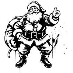 Fototapeta premium santa claus standing happily with his gift bag with closed fist. black and white vector illustration , on white background.