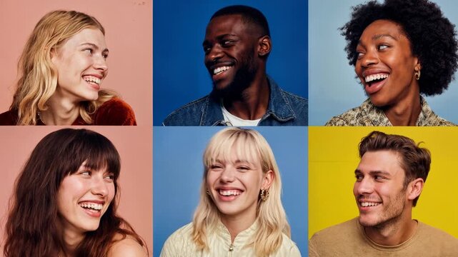 Collage of smiling faces shows diverse men and women against bright color blocks celebrating individuality positive emotions and inclusive modern community spirit in friendly portraits