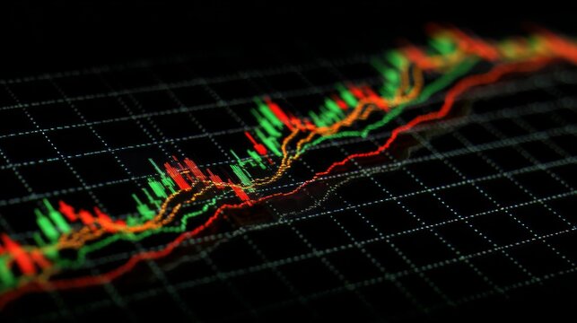 Colorful stock market graph showing fluctuating trends with red and green indicators on dark background, representing financial analytics and trading analysis