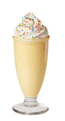 vanilla milkshake with whipped cream and sprinkles.