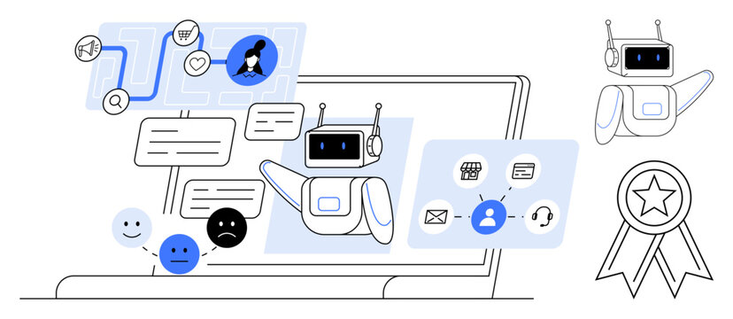 AI chatbot interacting on a laptop with messages, user emotions, service icons, and awards. Ideal for communication, technology, support, innovation, efficiency user experience customer