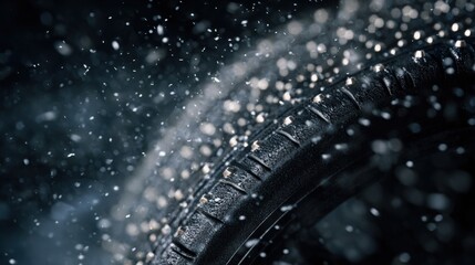 macro view of studded tire interacting with ice surface, small ice particles in air, high precision clean technical style