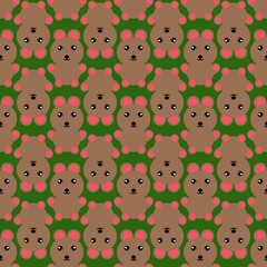 Brown bears with pink ears seamless pattern  on a green background, perfect for kids&rsquo; designs, wallpapers, and playful decorative themes.