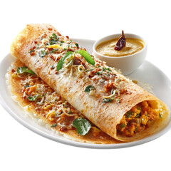 Mysore Masala Dosa Indian Dish On White Plate isolated on with white background(7)
