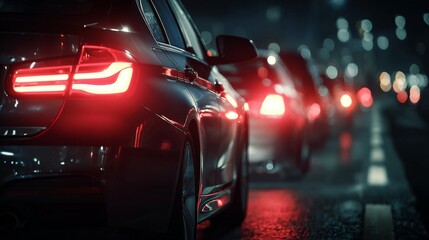 Nighttime City Traffic with Glowing Car Tail Lights and Urban Ambience Capturing the Vibrant Energy of Late-Night Roadways in a Modern Setting