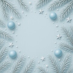 Minimal winter frame of snow-dusted pine needles, white pearls, silver stars, and soft blue ornaments on frosty pale-blue board, hollow center