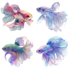 Neon line art fighting fish generative isolated on with white background