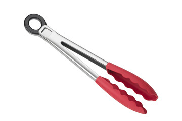 Stainless steel kitchen tongs with red silicone grips and hanging loop isolated on a transparent background