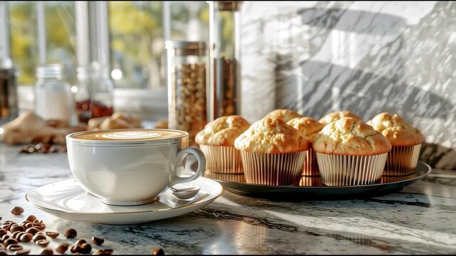 Enjoying morning light with coffee and muffins on a beautiful countertop filled with natural warmth and inviting aromas in a sunlit kitchen during a peaceful day
