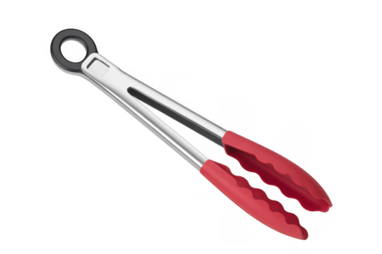 Stainless steel kitchen tongs with red silicone grips and hanging loop isolated on a transparent background