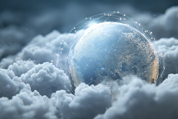 Digital globe representing cloud computing surrounded by fluffy clouds showcasing interconnected global data networks and technology innovations in a virtual landscape