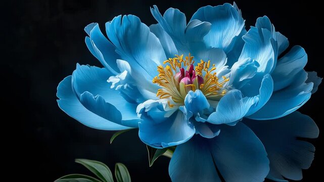Beautiful blue peony flower with vibrant petals and detailed stamen on a dark background