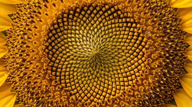 Close up center of a sunflower showing the mathematical spiral seed pattern suitable for agriculture themes and golden ratio design concepts in nature.
