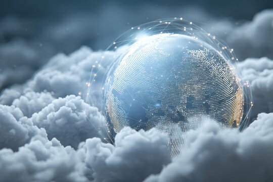 Digital globe representing cloud computing surrounded by fluffy clouds showcasing interconnected global data networks and technology innovations in a virtual landscape - Powered by Adobe