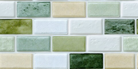 ceramic tile mosaic with a pale green and white color palette, featuring rectangular tiles in various sizes. this pattern is suitable for creating an elegant bathroom or kitchen wall design