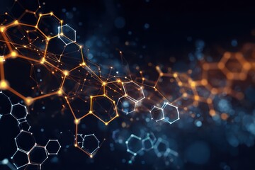 Modern scientific visualization with hexagonal patterns highlighting molecular structures and connections in a dynamic background