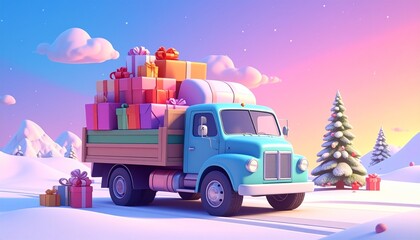 Cute blue delivery truck loaded with colorful Christmas presents driving through a snowy winter landscape during holiday season.